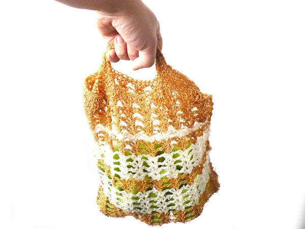 Beige Knitted bag  handmade bag - Stock Image