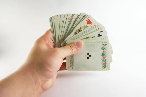 Vintage deck of playing cards, old playing cards. Ace of clubs, Shabby playing cards. — Stock Photo, Image