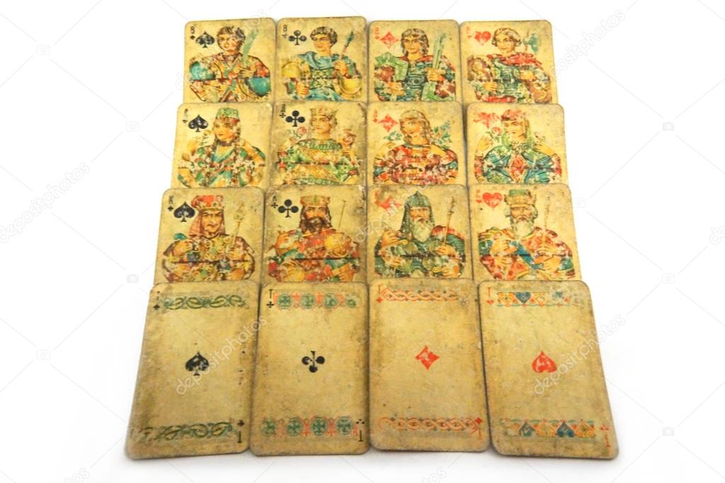 vintage deck of playing cards, old playing cards. Shabby playing cards. Deck of playing cards Russian style, Jack, Queen, King, Ace,