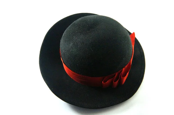 Siyah Şapka Şapka Lady Şapka Şapka Şapka Şapka Şerit Kırmızı — Stok fotoğraf