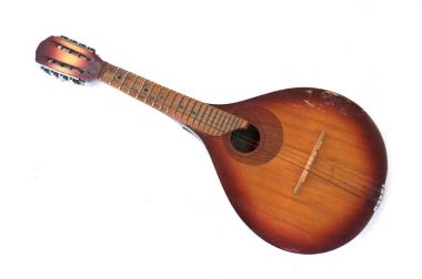 Beyaz izole halk müzik aleti domra. antika müzik aleti, yaylı enstrüman, mandolin, gitar, beyaz arka plan, yakın çekim, mandolin, Sovyet vintage, görüntüsünü SSCB, sap kafası hisse senedi