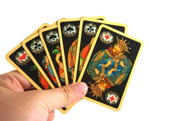 Vintage oyun kağıtları, oyun kağıtları, oyun kartları, oyun kartları el, el, adam el, kumar kulübü, masa oyunu, oyun, vintage resimleri, antika iskambil siyah ace, joker, sap kafası stok görüntü, Nostalgishop, Nostalgishop IMAG