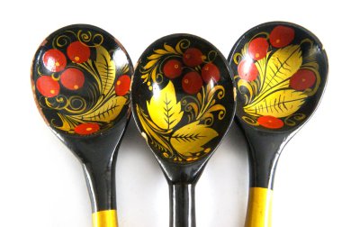 Vintage üç tahta kaşık, üç boyalı kaşıklar, Rus antik, Sovyet vintage, eski kaşık, Ukraynalı boyama, çorba kaşıkları, kaşık salatası, dekoratif kaşık, ulusal tarzı, sap kafası stok görüntü, Nostalgishop, Nostalgishop görüntü