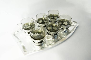Cam tutucu, şarap gözlük, cam tepsi, gümüş tepsi, Cam tutucu, vintage Cam tutucu, gri cam, eski cam tutucu, vintage, Sovyet vintage, sap kafası stok görüntü, Nostalgishop set