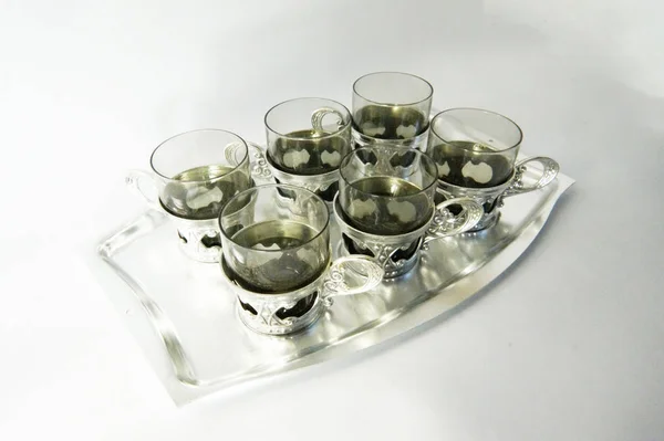 Cam tutucu, şarap gözlük, cam tepsi, gümüş tepsi, Cam tutucu, vintage Cam tutucu, gri cam, eski cam tutucu, vintage, Sovyet vintage, sap kafası stok görüntü, Nostalgishop set
