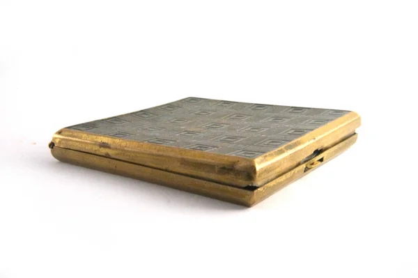 Antike Goldpuffdose Vintage Puffdose Geschlossene Puffdose Quadratische Puffdose Quadratischer Teller — Stockfoto