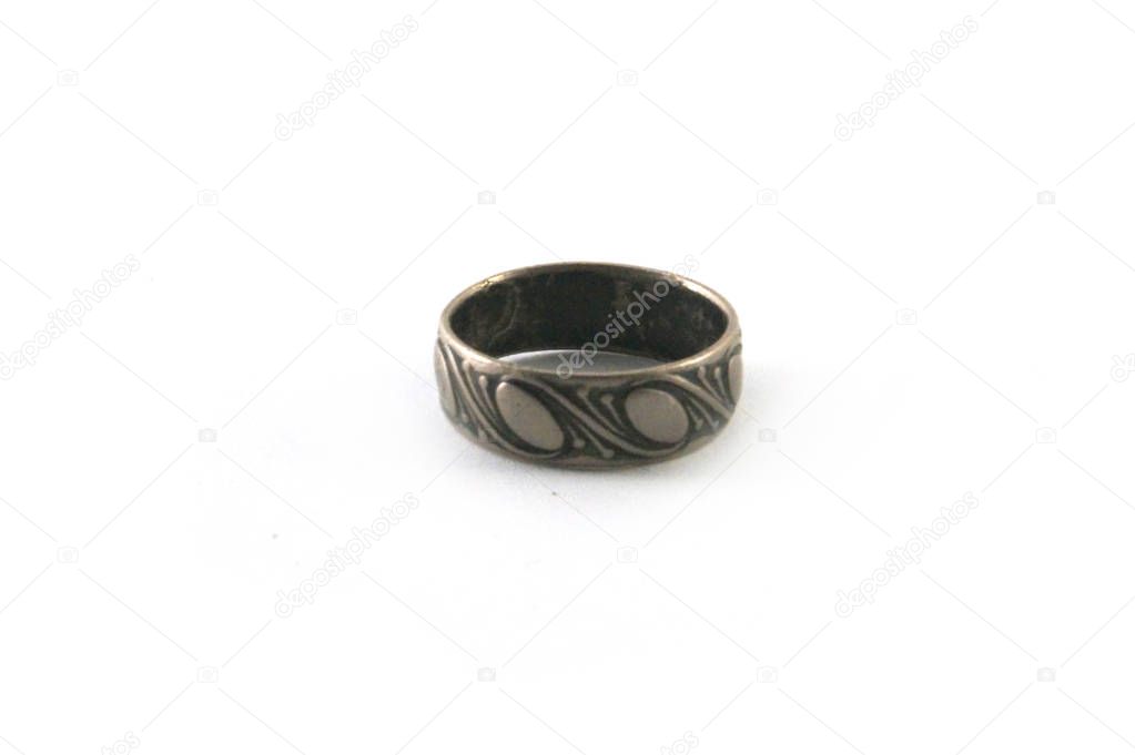 Antique silver ring, close-up, white background, gray on white, silver on white, Soviet vintage, USSR, headstock stock image, Nostalgishop