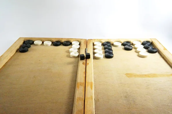 Dáma Backgammon Ellenőrök Doboz Fából Készült Tábla Vintage Dáma Ellenőrzőket — Stock Fotó