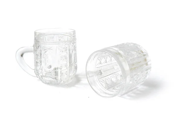 Deux Tasses Bière Tasses Cristal Verre Clair Fond Blanc Gros — Photo