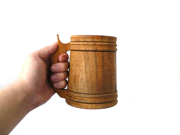 Beer Hand Hand Hand Wooden Mug Mugs White Background White — Stock Photo, Image