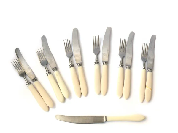 Knives, forks, set of knives, set of forks, bone handle, cutlery, vintage knives, knives on white background, metal knives, white background, close-up, cutlery, headstock stock image, Nostalgishop