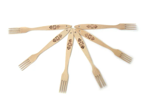 Wooden Forks Beige Forks Set Forks Light Wood Close White — Stock Photo, Image