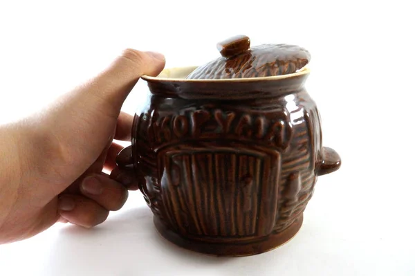 Brown Pot Hand Brown Ceramic Mug Brown Jug Pottery Enamel — Stock Photo, Image