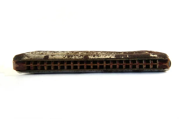 Instrument Musique Folklorique Isolé Sur Blanc Harmonica Harmonica Vintage Instrument — Photo