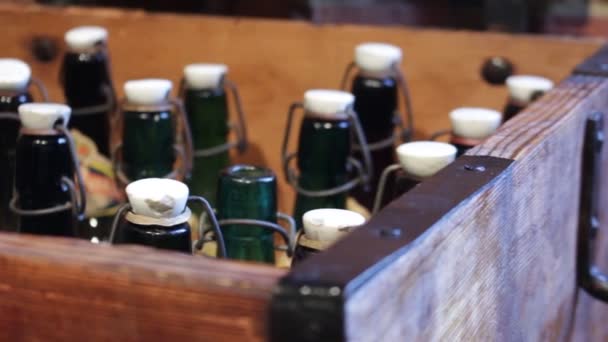 Botellas vintage verdes y marrones vacías — Vídeos de Stock