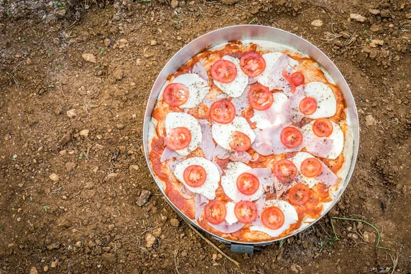 Delicious pizza in oven pan on natural ground — Stock Photo, Image