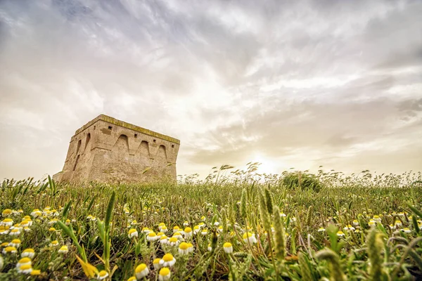 Beau paysage méditerranéen avec tour médiévale, Torre Gua — Photo