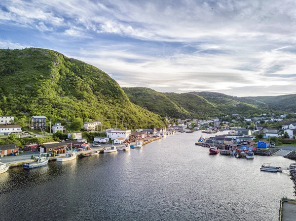 Charming Petty Harbour with green hills and wooden architecture, — Stock Photo, Image
