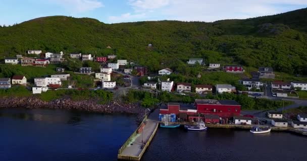 夏の夕日、ニューファンドランド、カナダ中に 2 つの桟橋と美しい小口港 — ストック動画