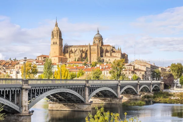 Katedralen i Salamanca och bron över floden Tormes, Spanien — Stockfoto