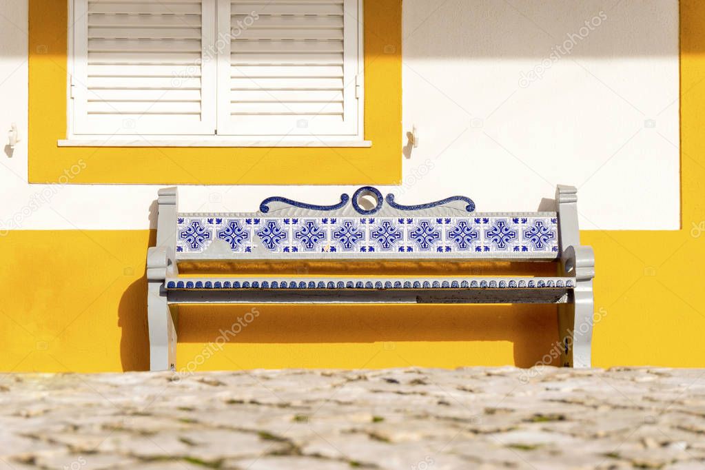 Bench decorated with traditional tiles called azulejos, Portugal
