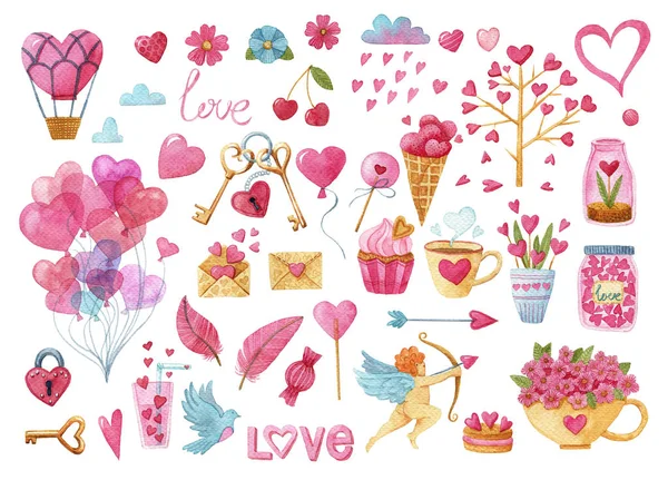 watercolor set of elements for Valentine\'s day. Ball, feather, key, lock, flowers, heart, Cupid, Cup, flowers, wood, arrow, cake, rain, cloud, heart.