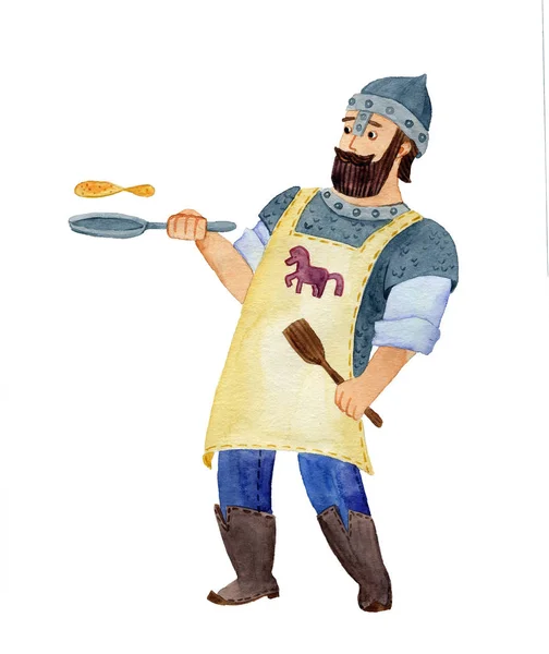 Watercolor Hero Prepares Pancakes — Stock Photo, Image