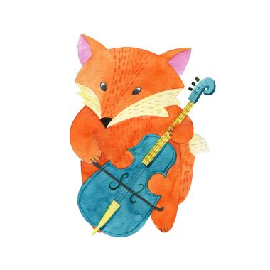 Çello çalan sevimli suluboya Fox