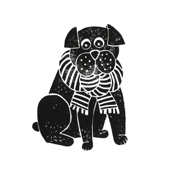 Linolschnitt Schwarz Weißer Hundeschal Winter Bulldogge — Stockfoto