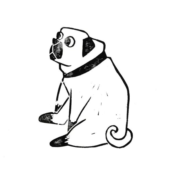 Linocut Bulldog Sitting Cute Fat — Stock Photo, Image