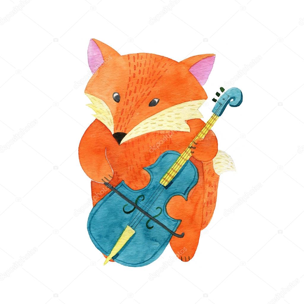 Cute watercolor Fox playing the cello