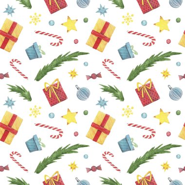 Suluboya kusursuz Noel deseni. Hediye deseni, kusursuz doku ve mevcut kutuların el çizimleri. El çizimi hediyeler beyaz arkaplan.