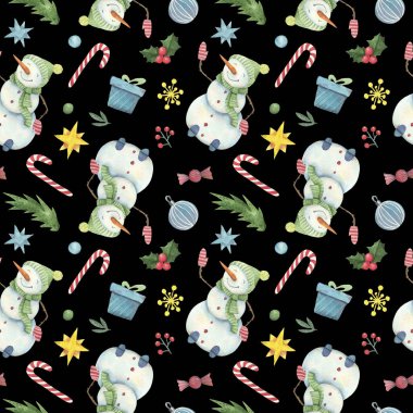 Kardan adam dokusu ve Noel dekoru. Siyah arkaplanda suluboya deseni