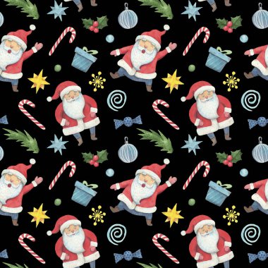 Komik Noel Baba 'yla suluboya kusursuz desen. Siyah arkaplandaki doku