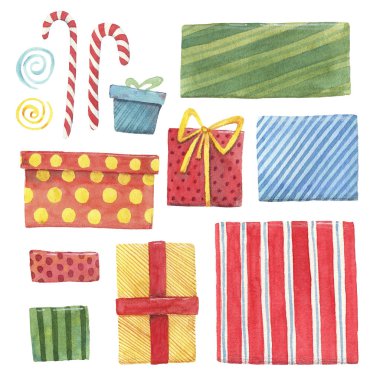 suluboya set mavi, kırmızı, sarı ve yeşil hediye kutuları beyaz üzerinde izole