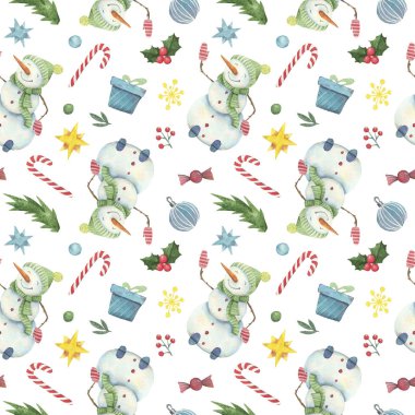 Kardan adamların ve Noel dekorunun suluboya desenleri. Beyaz arkaplandaki doku