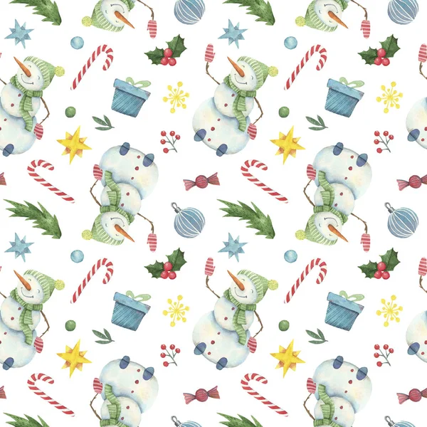 Watercolor seamless pattern of the snowmen and Christmas decor. The texture on white background — Stock Photo, Image