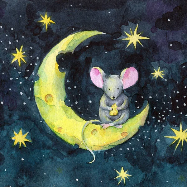 Watercolor Christmas funny cartoon mouse on the cheese moon. Winter poster with cute New Year mouse and starry sky. Hand draw the mouse.