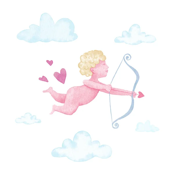 Watercolor cute Cupid in the clouds. Illustration for Valentines Day — Stock Photo, Image