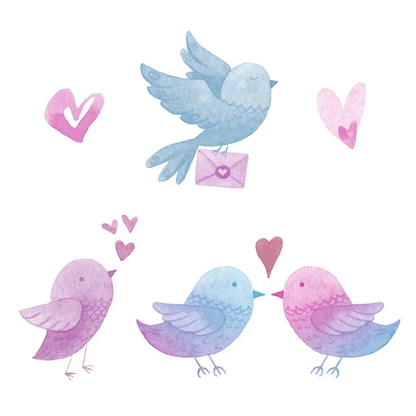 Aquarell verliebte Vögel. isolierte Illustration auf weißem Hintergrund. Handzeichnung Illustration zum Valentinstag. ein Vogel trägt einen Brief. — Stockfoto