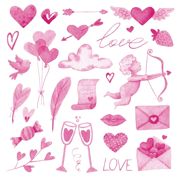 Großes Aquarell-Set für den Valentinstag. sanft rosa Hand zeichnen Illustrationen. — Stockfoto
