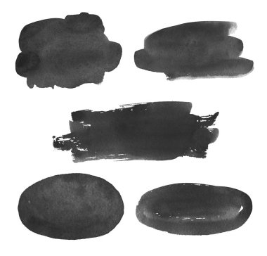 Birçok suluboya siyah fırça darbeleri. Farklı şekillerde. El çizimi testi. Suluboya Metin Tabakları.