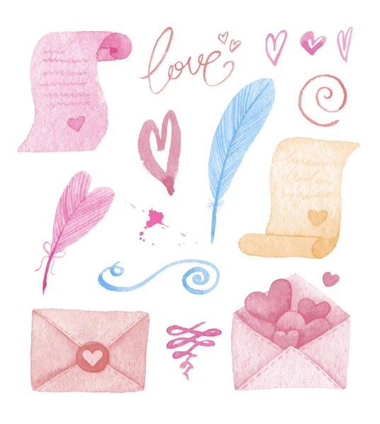 Delicado conjunto de acuarela para el día de San Valentín. Dibuje a mano ilustración para la invitación romántica. Decoración de la boda en colores pastel. Colección de amor —  Fotos de Stock