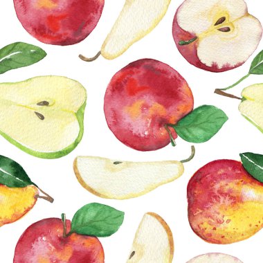 Seamless watercolor Pattern of apple and pear on a white background. Isolated hand draw illustration