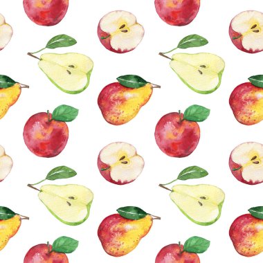 Elma, armut. Beyaz arka planda meyvelerin suluboya desenleri. Kusursuz desen. İzole edilmiş el çizimi illüstrasyonu