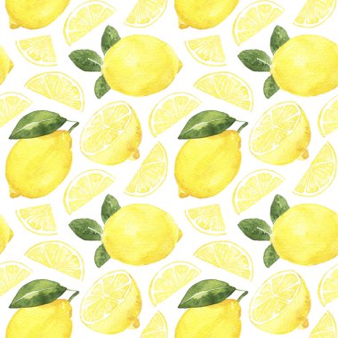 Watercolor seamless pattern with ripe yellow lemons and leaves on the white background. Isolated hand draw illustration.