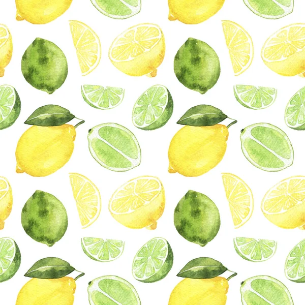 Seamless pattern with watercolor lime and lemon on white background. Isolated hand draw illustration. — Stock Photo, Image
