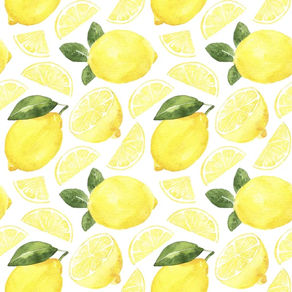 Watercolor seamless pattern with ripe yellow lemons and leaves on the white background. Isolated hand draw illustration. — Stockfoto