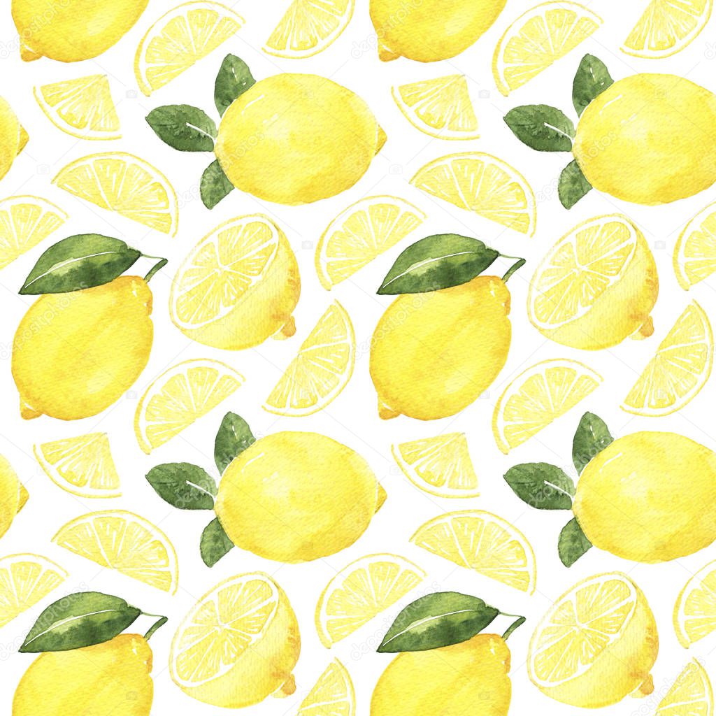 Watercolor seamless pattern with ripe yellow lemons and leaves on the white background. Isolated hand draw illustration.