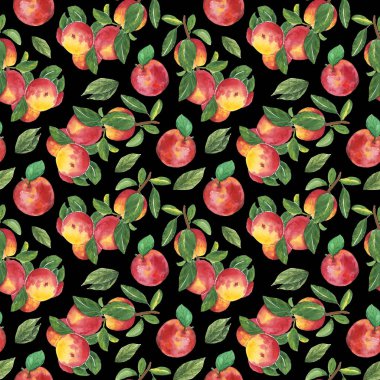 Watercolor seamless Pattern with apples on black background. Isolated hand draw illustration.